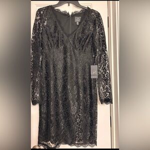 NWT Adrianna Papell Charcoal Black  Lace Long Sleeve Dress size 10